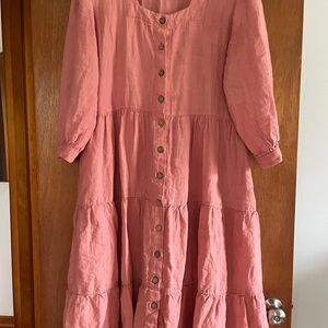 Tiered Made to Order Linen Dress with Squared Neckline, Salmon/Peach, XL